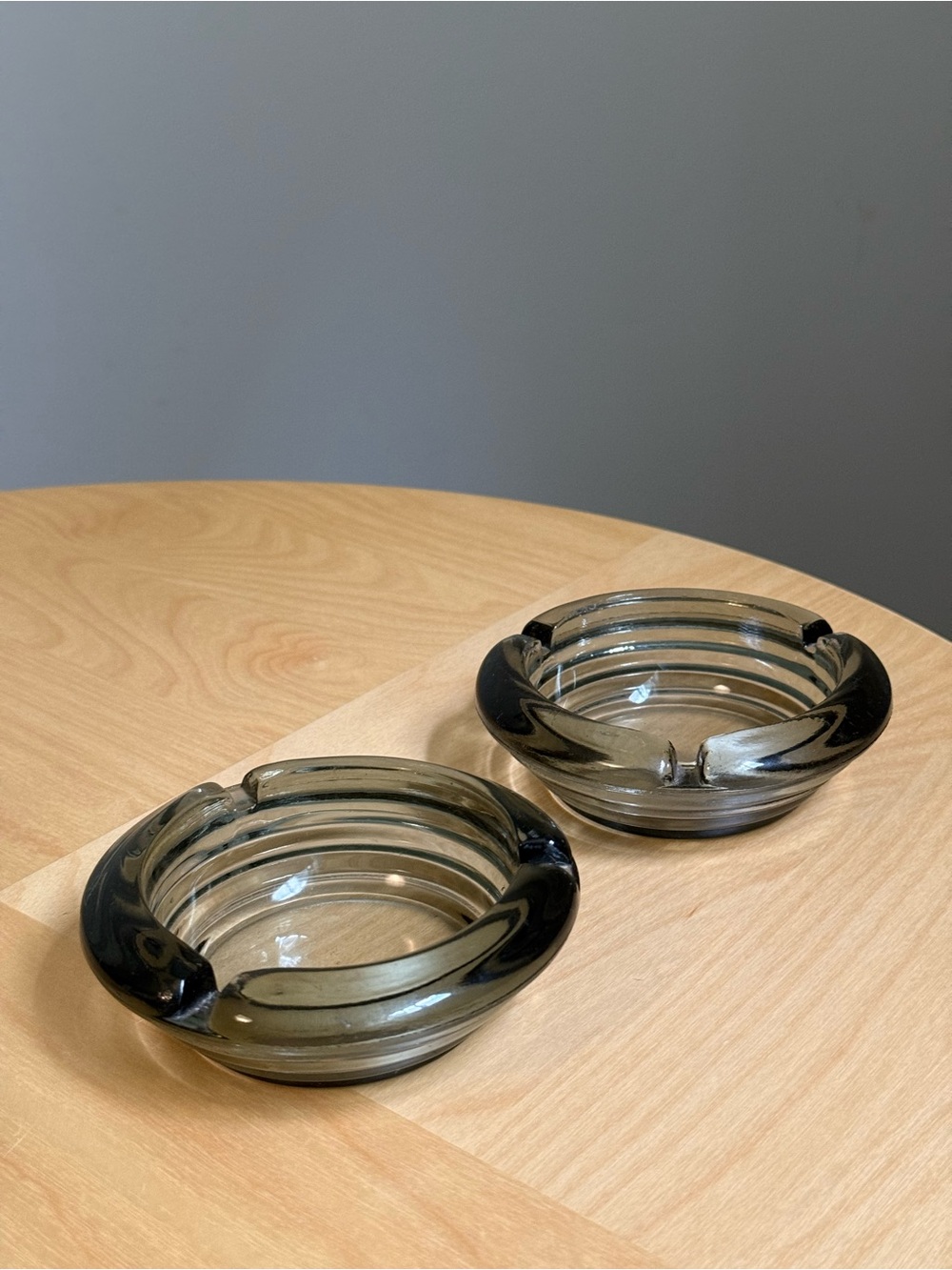 Set of 2 Circle Ribbed Smoky Gray Glass Ashtrays MCM c70s Decor